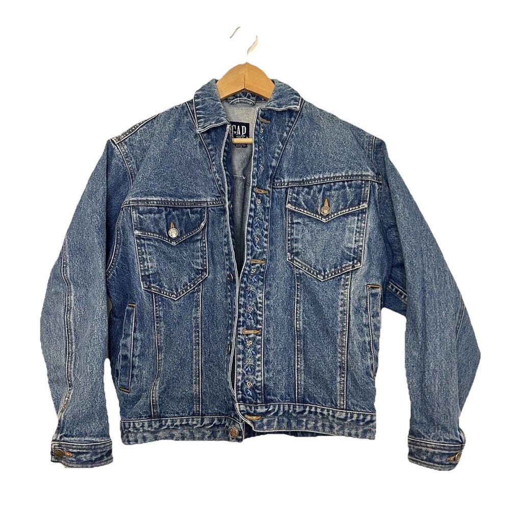 Gap Vintage Trucker Jacket Denim Floral Embroidered Oversized - Womens Small